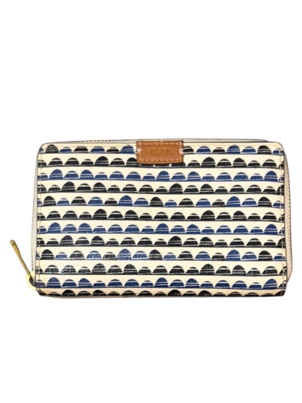 Fossil Blue & White Patterned Zip-Around Wallet with Tan Trim Great Condition!